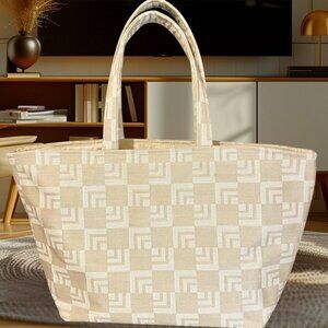 Beige/Tan print reversible tote bag with satin lining. Handmade. Large size